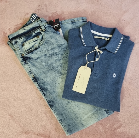 Blue Polo Shirt and Acid Wash Jeans - Picture 4 of 10